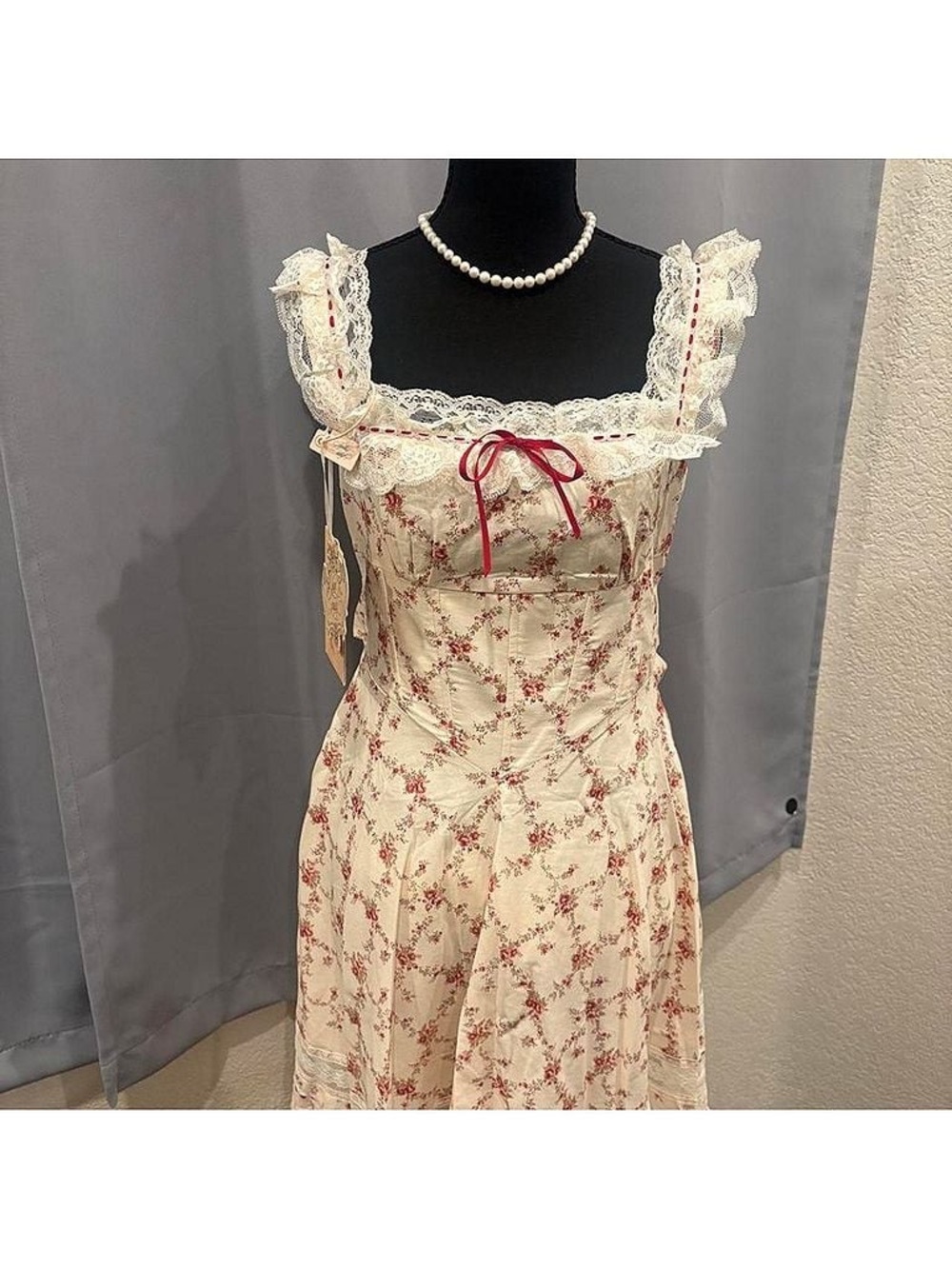Cream Floral Maxi Dress with Pink Accents and Lace Trim